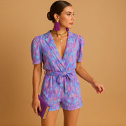 Damen Kurz-Jumpsuit mit Blumenmuster, V-Ausschnitt und Taillengürtel
