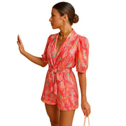 Damen Kurz-Jumpsuit mit Blumenmuster, V-Ausschnitt und Taillengürtel