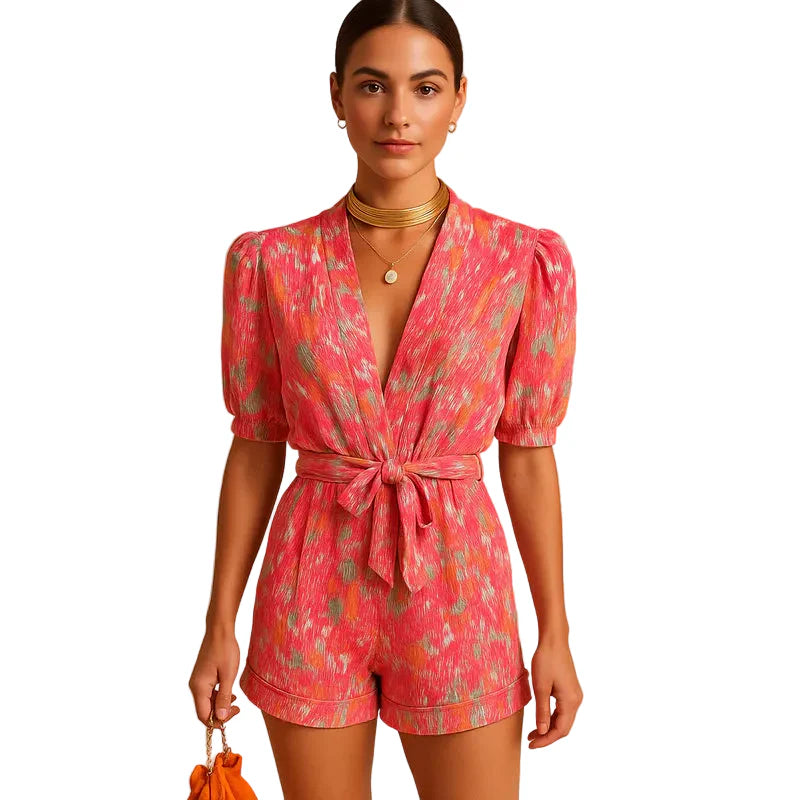 Damen Kurz-Jumpsuit mit Blumenmuster, V-Ausschnitt und Taillengürtel