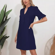 Damen Kurzarm Kleid mit V-Ausschnitt und Ausgestellten Ärmeln