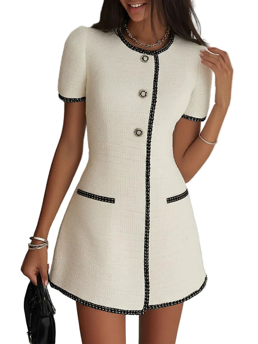Damen Kurzarm Mini Kleid mit Knopfleiste und Kontrastbesatz