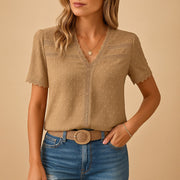 Sophie | Damen Kurzarm V-Ausschnitt Spitzenbesatz Bluse