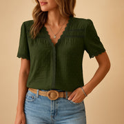 Sophie | Damen Kurzarm V-Ausschnitt Spitzenbesatz Bluse
