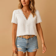 Sophie | Damen Kurzarm V-Ausschnitt Spitzenbesatz Bluse