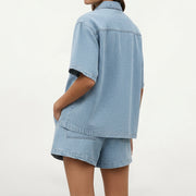 Damen Kurzarmhemd und Shorts Set mit Brusttaschen und Kordelzug