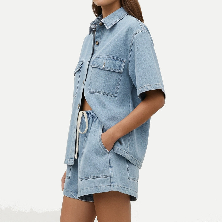 Damen Kurzarmhemd und Shorts Set mit Brusttaschen und Kordelzug