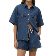 Damen Kurzarmhemd und Shorts Set mit Brusttaschen und Kordelzug