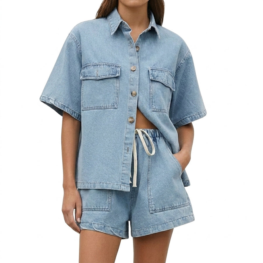 Damen Kurzarmhemd und Shorts Set mit Brusttaschen und Kordelzug