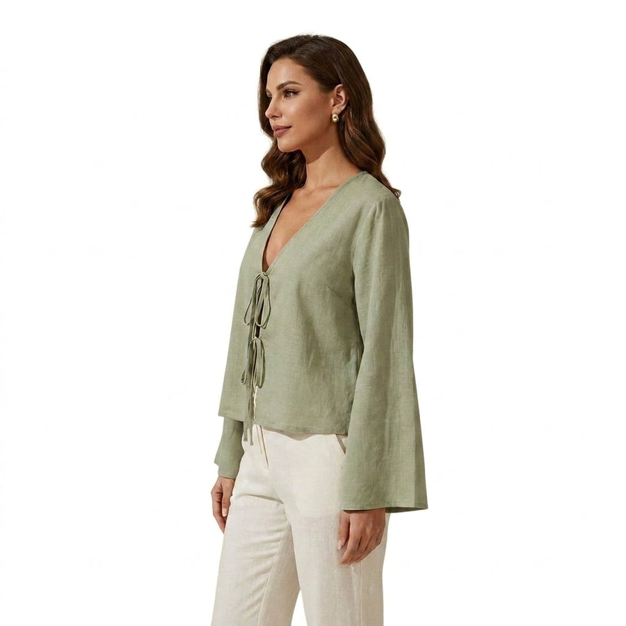 Damen-Kurzbluse mit V-Ausschnitt und Bindebändern