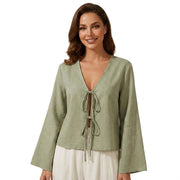 Damen-Kurzbluse mit V-Ausschnitt und Bindebändern