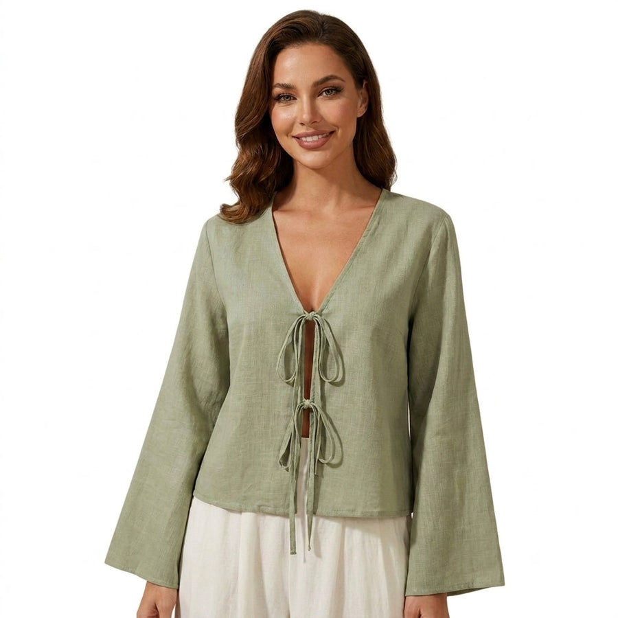 Damen-Kurzbluse mit V-Ausschnitt und Bindebändern