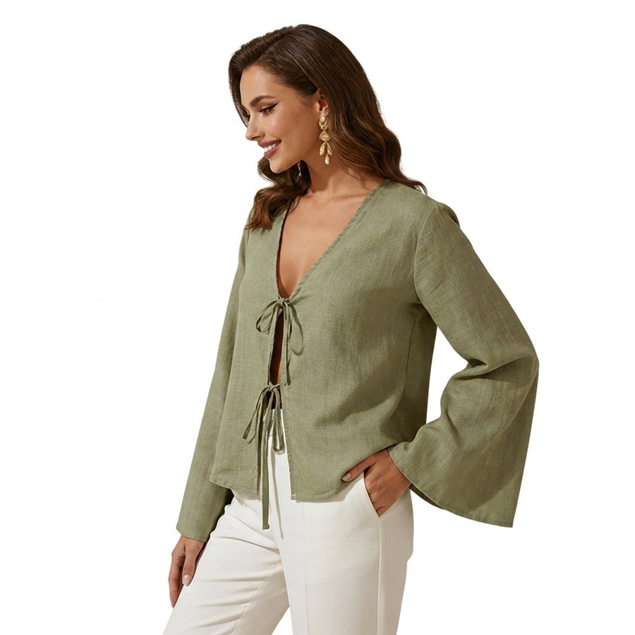 Damen-Kurzbluse mit V-Ausschnitt und Bindebändern