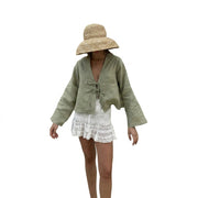 Damen-Kurzbluse mit V-Ausschnitt und Bindebändern