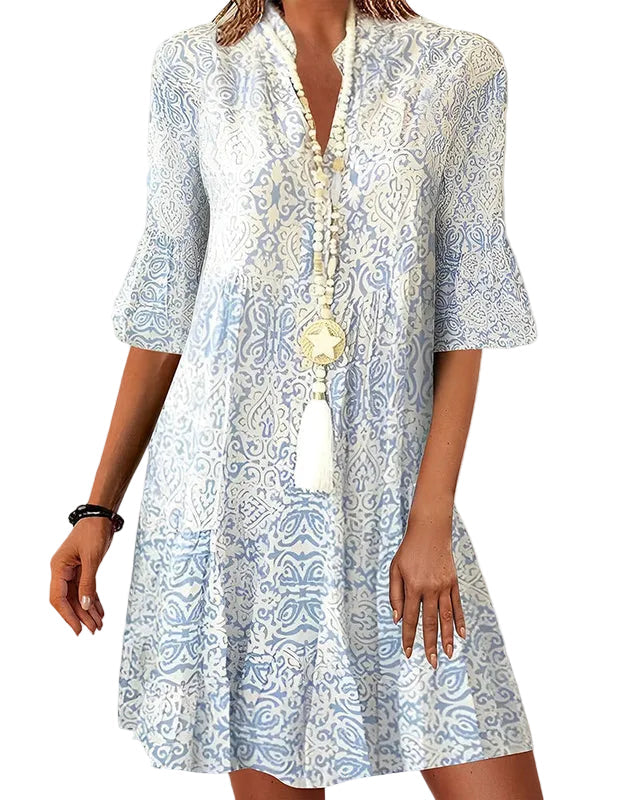 Damen kurzes Kleid mit Muster, V-Ausschnitt und ausgestellten Ärmeln