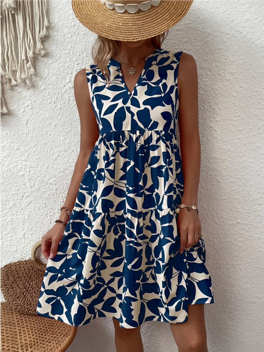 Damen Kurzkleid ohne Ärmel mit V-Ausschnitt und gestuftem Rock