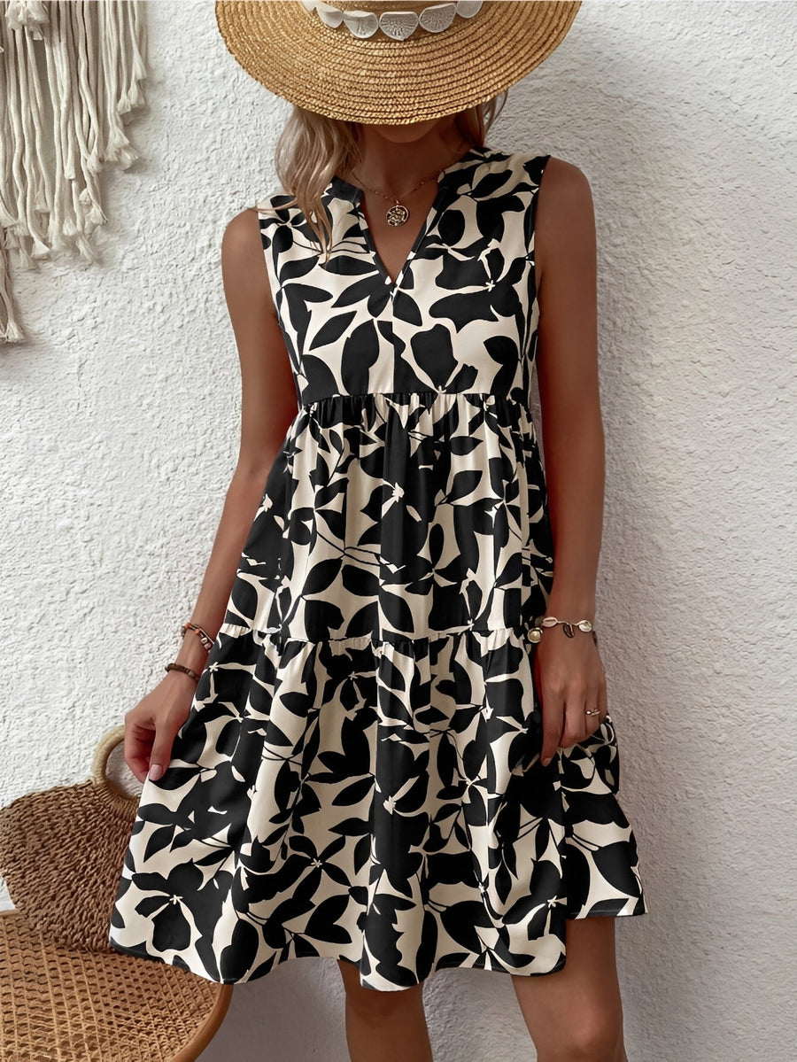 Damen Kurzkleid ohne Ärmel mit V-Ausschnitt und gestuftem Rock