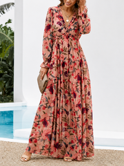 Damen Langarm Maxikleid mit V-Ausschnitt und gestuftem Rock mit Blumenmuster