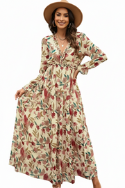 Damen Langarm Maxikleid mit V-Ausschnitt und gestuftem Rock mit Blumenmuster