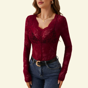 Damen Langarm Spitzenbluse mit V-Ausschnitt und gewellter Kante
