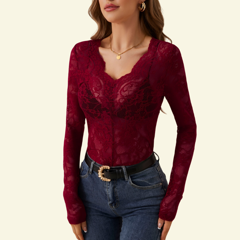 Damen Langarm Spitzenbluse mit V-Ausschnitt und gewellter Kante