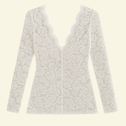 Damen Langarm Spitzenbluse mit V-Ausschnitt und gewellter Kante