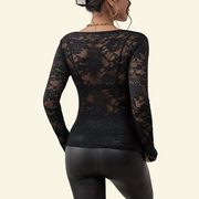 Damen Langarm Spitzenbluse mit V-Ausschnitt und gewellter Kante