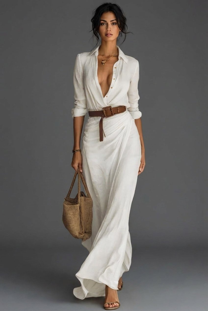 Hannah | Damen Langarm Wickel Maxi Kleid mit Gürtel
