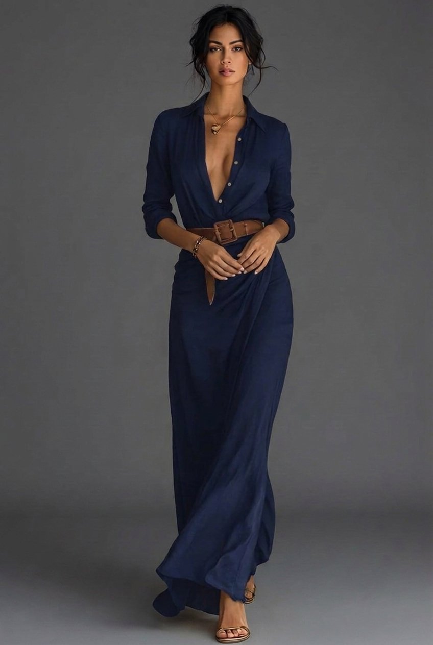 Hannah | Damen Langarm Wickel Maxi Kleid mit Gürtel