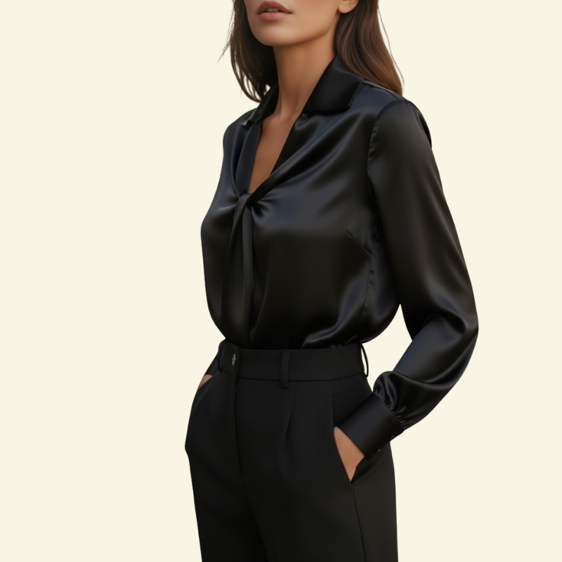 Damen Langarmbluse mit Kragen und drapiertem Frontdetail