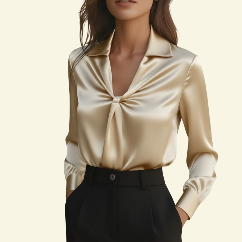 Damen Langarmbluse mit Kragen und drapiertem Frontdetail