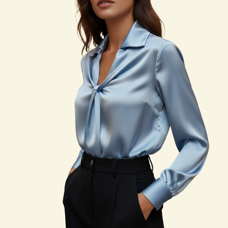 Damen Langarmbluse mit Kragen und drapiertem Frontdetail