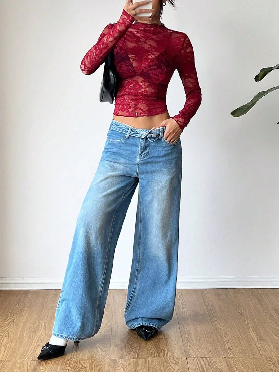 Damen Langarmshirt aus Spitze mit Stehkragen