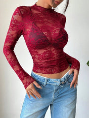 Damen Langarmshirt aus Spitze mit Stehkragen