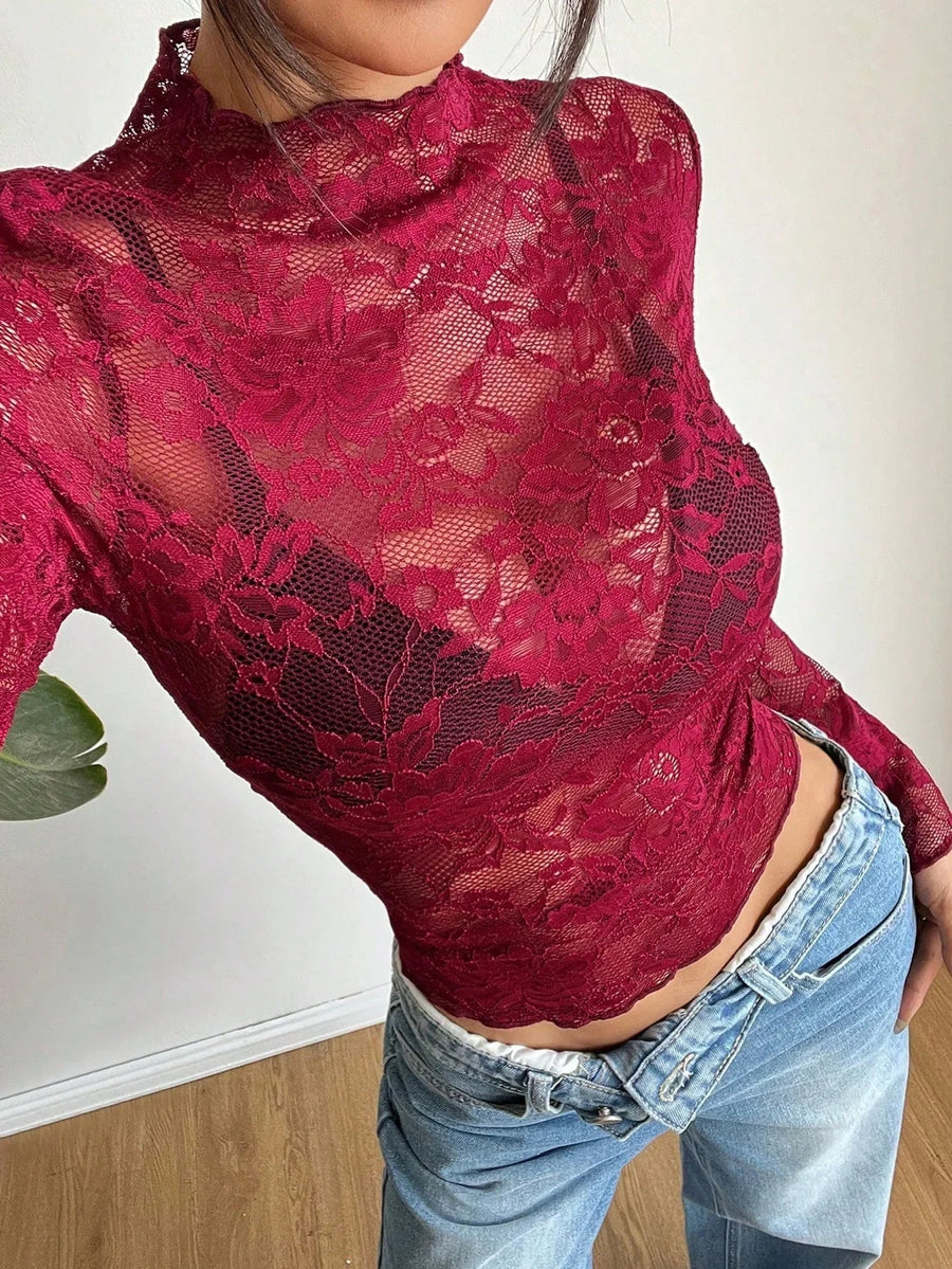 Damen Langarmshirt aus Spitze mit Stehkragen