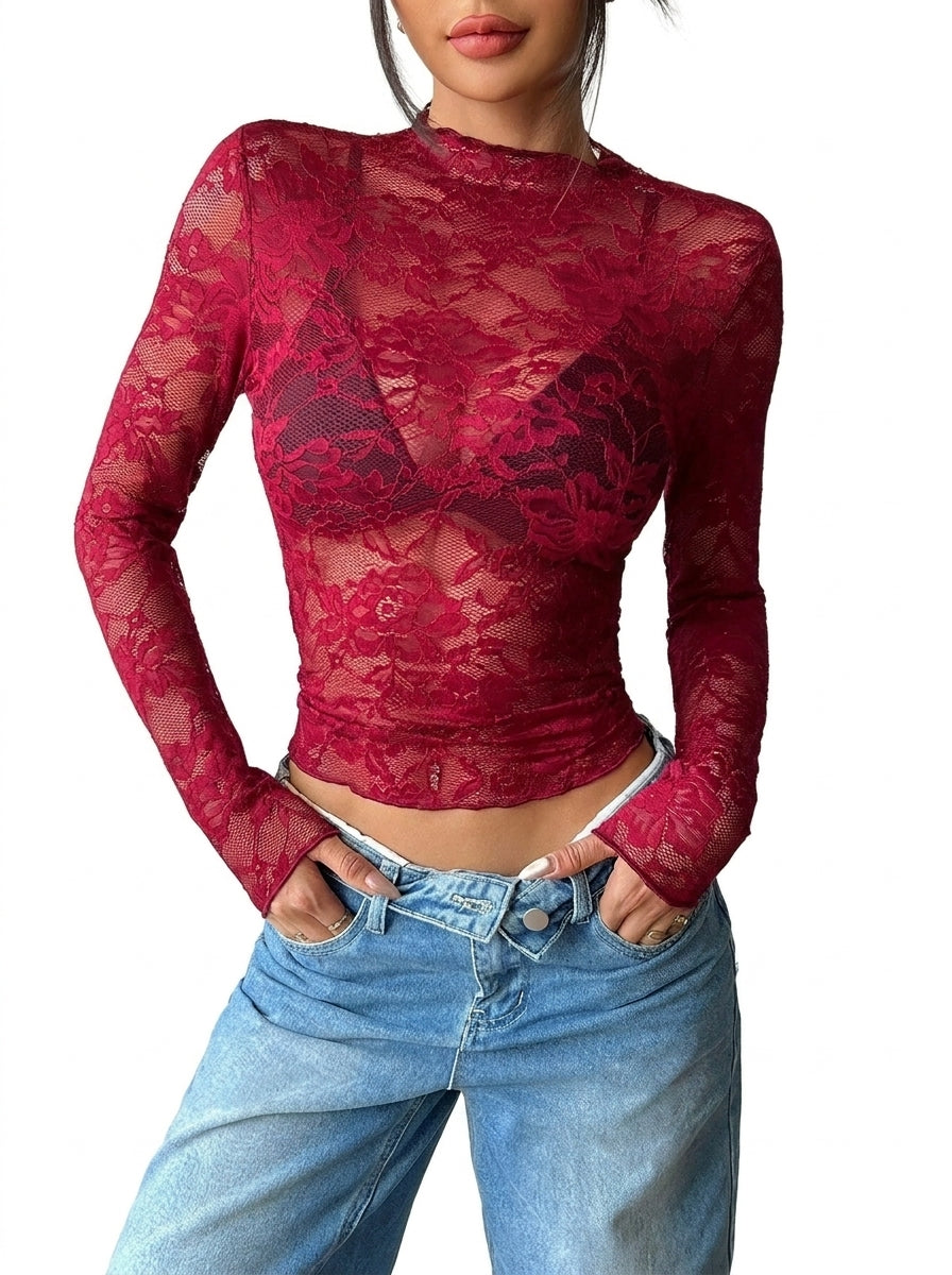 Damen Langarmshirt aus Spitze mit Stehkragen