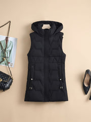 Lena | Damen Lange Steppweste mit Kapuze Taillierbare Bodywarmer Longweste