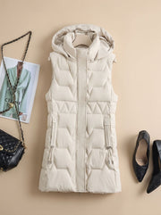 Lena | Damen Lange Steppweste mit Kapuze Taillierbare Bodywarmer Longweste