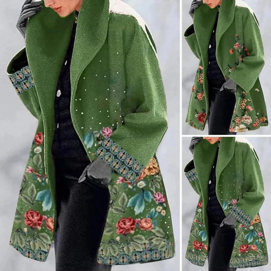 Damen Wintermantel mit floralem Muster und weitem Kragen