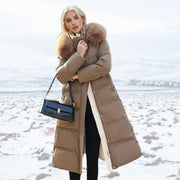 Lange Daunenjacke für Damen mit Kapuze und Kunstfellbesatz
