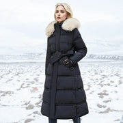 Lange Daunenjacke für Damen mit Kapuze und Kunstfellbesatz