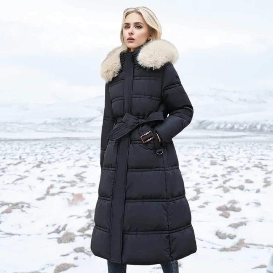 Lange Daunenjacke für Damen mit Kapuze und Kunstfellbesatz