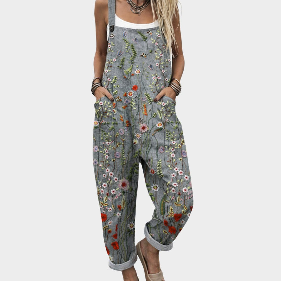Katharina | Damen Latzhose mit Blumenmuster Leinen-Mix Overall