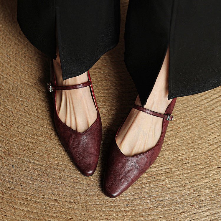 Marie | Damen Leder Mules Spitz Mary Jane Riemchen