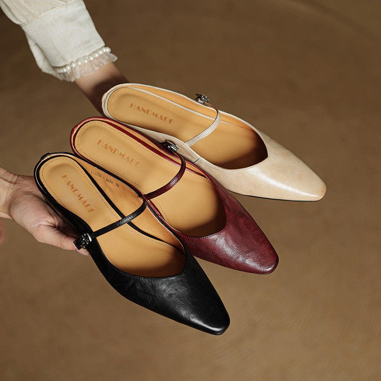 Marie | Damen Leder Mules Spitz Mary Jane Riemchen
