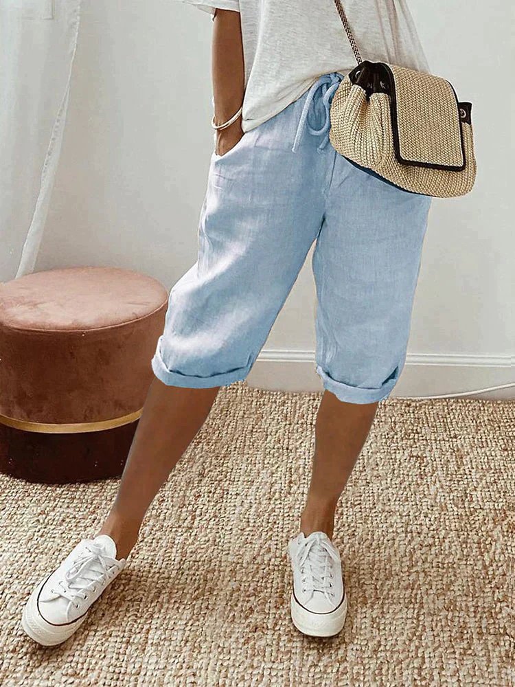 Marlene | Damen Leinen Bermuda Shorts mit Kordelzug gekürzt