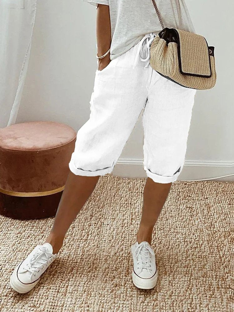 Marlene | Damen Leinen Bermuda Shorts mit Kordelzug gekürzt