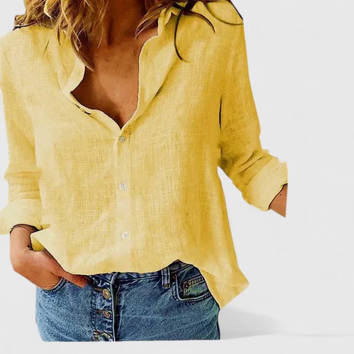Frieda | Damen Leinen Bluse Knopfleiste Lapel Kragen Entspannt