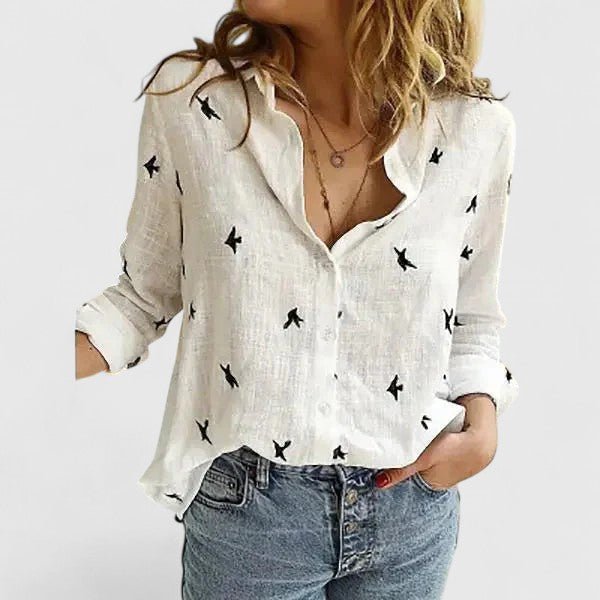 Frieda | Damen Leinen Bluse Knopfleiste Lapel Kragen Entspannt
