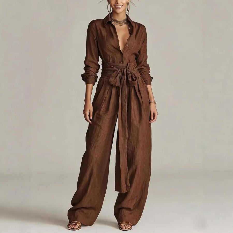 Charlotte | Damen Leinen Co-Ord Set Weite Hosen Hemdbluse