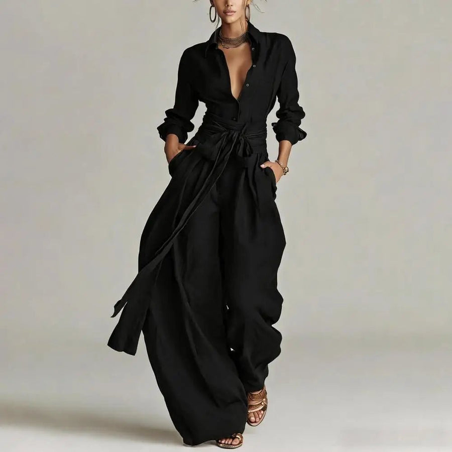 Charlotte | Damen Leinen Co-Ord Set Weite Hosen Hemdbluse